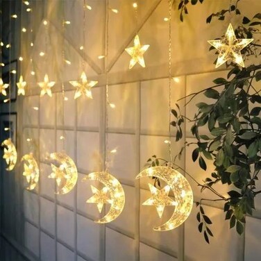 Moon &amp; Star LED Curtain Light with 3-Pin Plug &ndash; Perfect for Ramadan, Eid &amp; Christmas warm white