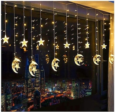 Moon &amp; Star LED Curtain Light with 3-Pin Plug &ndash; Perfect for Ramadan, Eid &amp; Christmas warm white