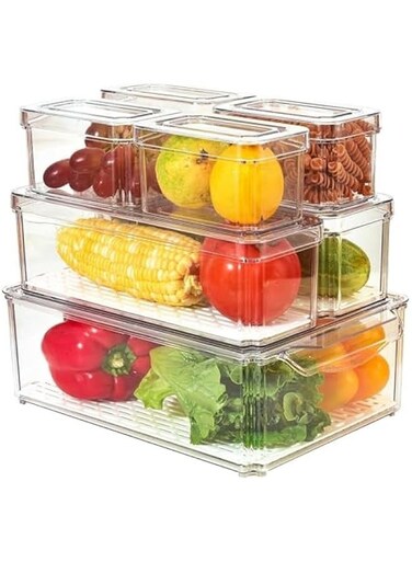Stackable Refrigerator Organizer Bins with Lids, Fridge Organization and Storage Containers, BPA-Free Plastic Pantry Bins for Fruits, Vegetable, Drinks, With Drain Tray