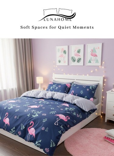 Home Single size, 4-piece; 1 Duvet cover - 160*210cm.; 1 Fitted sheet 100*200+30cm.; 2 Pillow cases - 50*75cm. Soft quality beautiful pink flamingo design in a lovely shade of blue.