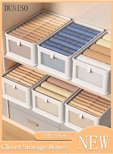 3 Pcs Linen Storage Boxes Large Capacity Foldable Storage Baskets for Home Fabric Storage Bins with Handles and Transparent Front Window Clothes Organizers Boxes