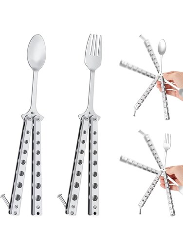 Flutesan 2 Pcs Butterfly Fork and Spoon Set, Tactical Butterfly Spoon Folding Stainless Steel Spork Utensil Set Balisong Trainer for Travel Camping Hunting BBQ Kitchen(Silver)