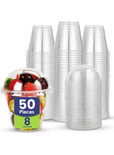 Packing 50 Pcs 8 oz Clear Plastic Cups with Dome Straw Slot Lids   Disposable PET Cups with Lids for Cold Drinks, Fruit, Dessert, Parfait, Iced Coffee, Smoothies, Takeaway &amp; Events