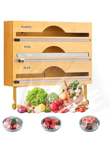 Cestbella Plastic Wrap Dispenser, Bamboo 4 in 1 Aluminum Foil Wrap Organizer with Slide Cutter and Labels Wall Mount Parchment Wax Paper Stretch Film Storage Holder for Kitchen Drawer Holds 13cm Roll