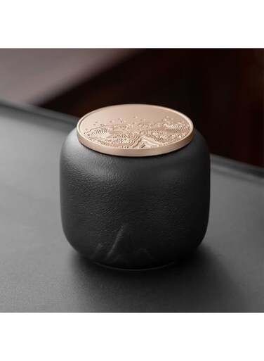 TRENDVEI Black Pottery Tea Caddy, Traditional Ceramic Tea Canister for Loose Tea