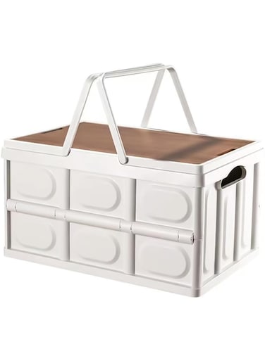 Foldable Camping Storage Box, Collapsible Storage Bin with Handles and Wooden Lid, Outdoor Collapsible Storage Bins &amp; Picnic Basket, Plastic Tote Car Organizer for Clothes/Tool/Books/Snack/Beer, 30 L