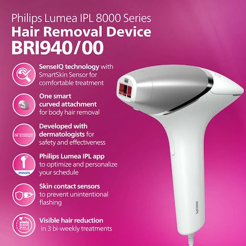 فيليبس لوميا سيريز 8000 جهاز إزالة الشعر  اللاسلكي بتقنية IPL BRI940، - أبيض