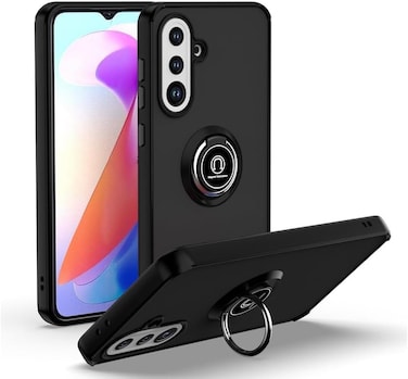 Samsung Galaxy A26 Case Flexible Silicone Protective Bumper, Camera Protection Thin Translucent Shockproof Matte Cover with 360 rotational Car Mount Magnetic Ring Holder For Samsung Galaxy A26 (Black)