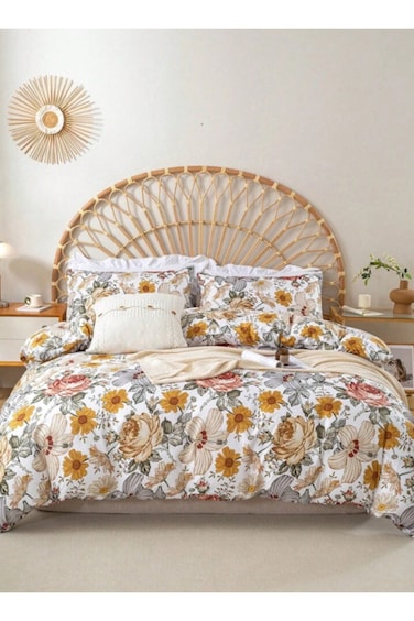 Home Queen size 6 pieces: : 1 Duvet cover - 200*230cm.; 1 Flat sheet - 230*250cm.; 4 Pillow covers - 50*75cm., brown floral pattern, boho style.