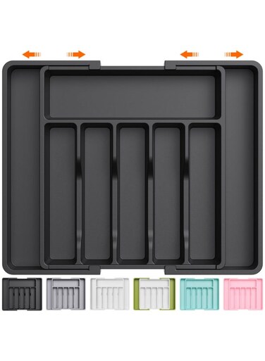 Drawer Organizer, Expandable Utensil Tray for Kitchen, BPA Free Flatware and Cutlery Holder, Adjustable Plastic Storage for Spoons Forks Knives, Large, Black