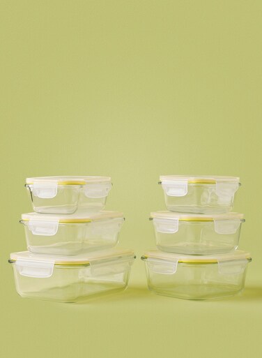 East 6 Piece Borosilicate Glass Food Container Set - Airtight Lids - Lunch Box - Rectangle + Square - Food Storage Box - Storage Boxes - Kitchen Cabinet Organizers - Glass Food Container - Yellow Yellow 6-Piece (Rectangle/Square)
