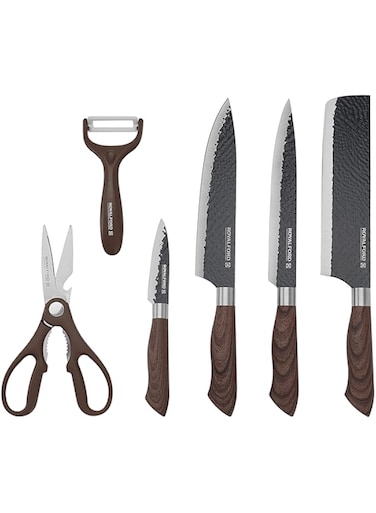 RoyalFord 6pcs Kitchen Knife Set with Non Stick Coating, RF10462 Extra Short Stainless Steel Blades Premium Quality PP Handle with TPR Wood Finish Multi Functional Set, Multicolor