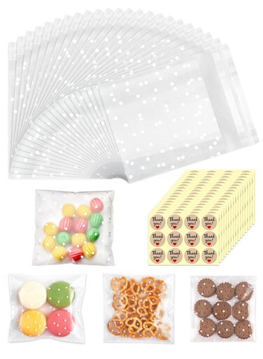 PCS Cellophane Bags, White Polka Dot Self Seal Translucent Cookie Bags, for Sweet Chocolates Biscuit Candy Party Favors, 10 X 10 CM