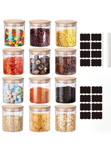 KUAIJI 12Pack 8.45oz(250ML)Glass Jars Bamboo Airtight Lids and Labels, Food Cereal Storage Large Spice Containers for Home Kitchen Tea Coffee Flour Herbs Grains
