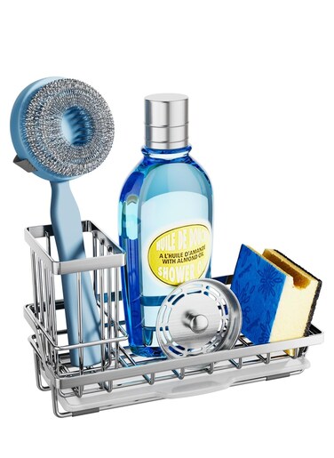 Sink Caddy, Multifunctional Kitchen Sponge Holder + Dish Brush Holder for Kitchen Sink, Kitchen Sink Accessories with Removable Brush Holder, Stainless Steel Rustproof - Silver