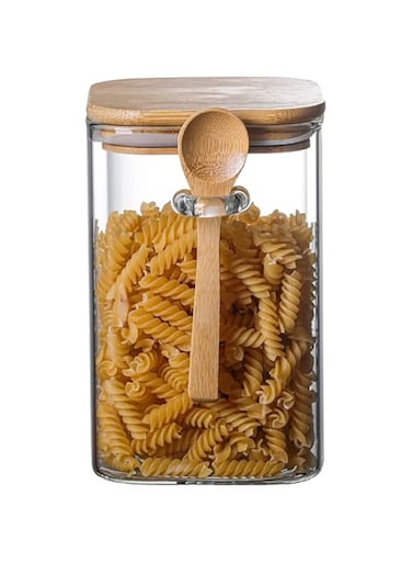 BLACKSTONE Glass Jar Canister with Bamboo Lid Kitchen Air Tight Container Square with Spoon (1500, Square, 1, YK4144)