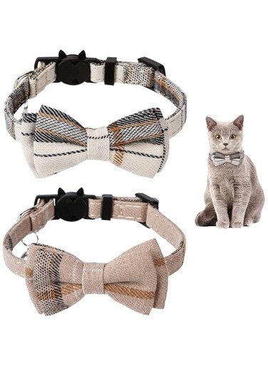 DELFINO 2 Packs Cat Collar Bells Set, Cat Collar Breakaway with Cute Bow Tie and Bell, Adjustable from Length 1cm width 28cm , Soft and Comfortable for Kitty and Some Puppies (Beige + Brown)