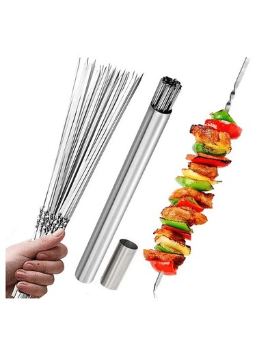 50pcs Durable Stainless Steel BBQ Skewers with 1 Tube Storage, Reusable and Easy to Clean for Outdoor and Indoor Grilling Parties