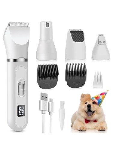 Azonee Electric Pet Trimmer Clippers, 4 in 1 Dog Grooming Kit, Cordless Low-Noise Rechargeable Dog Grooming Kits with LED Display, Multifunctional Dog Trimmers for Hair, Face and Paws