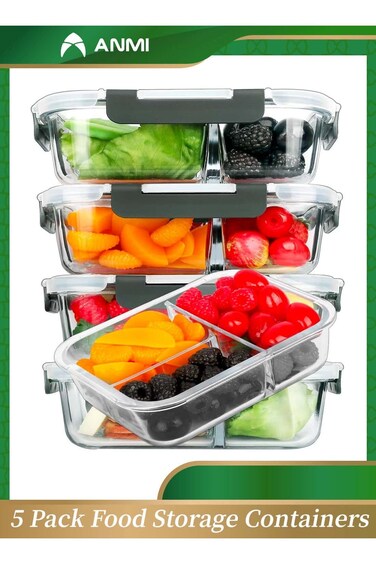 5 Pack 960ml Glass Food Containers with Lids, Food Prep Lunch Box Microwave, Freezer and Dishwasher (3 Compartments)