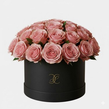 Pink Roses In Black Round Box