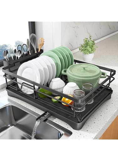 Kameety Dish Drying Rack - Stainless Steel Dish Rack for Kitchen Counter, Large-Capacity Dish Drainer with Cutlery Holder, Kitchen Organizer for Dishes, Spoons and Forks, Black