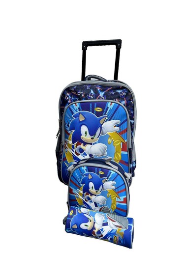 3 Pieces Cartoon-Printed School Trolley Bag for Kids (16 &amp; 18 Inch) with Lunch Bag and Pencil Pouch Included (Blue Sonic Design, 18 Inch)