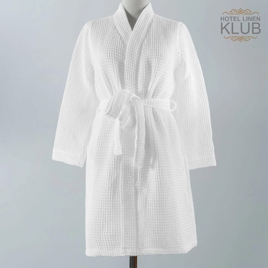 Hotel Linen Klub Cotton Bathrobe Free Size - Unisex Waffle Weave with Belt &amp; Pockets - White