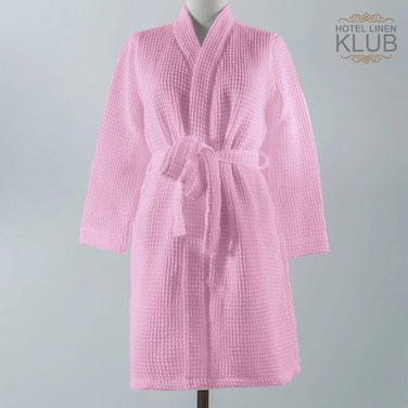 Hotel Linen Klub Cotton Bathrobe Free Size - Unisex Waffle Weave with Belt &amp; Pockets - Pink