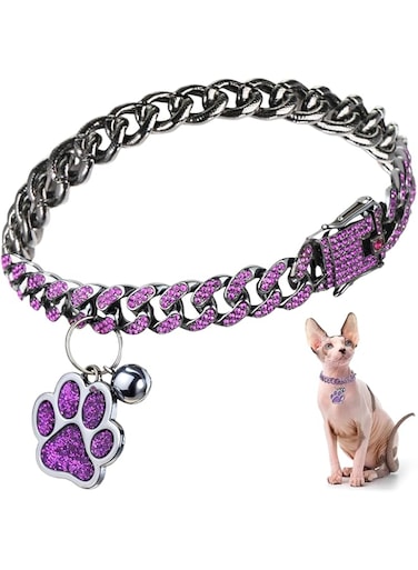 Hillban Cat Collar Diamond Chain Glitter Collar Walking Metal with Secure Buckle Cat Pet Necklace with Paw Charm and ID Tag Bell Link Cuban Jewelry Accessories(10 Inch,Steel Black, Purple)
