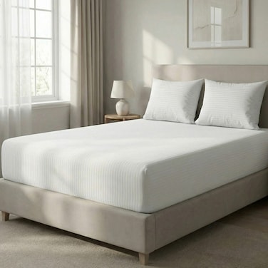 Hotel Linen Klub 250TC Cotton Stripe Double Fitted Sheet Set, 160x200+30cm with 2 Pillowcases 50x75cm, White