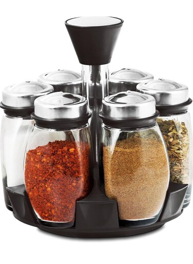 Revolving Spice Rack Spinner CounterTop   Glass Jar Bottles Set of 7 Pcs for Herbs, Salt and More with Rotating Holder   Spice Storage by Home Smart