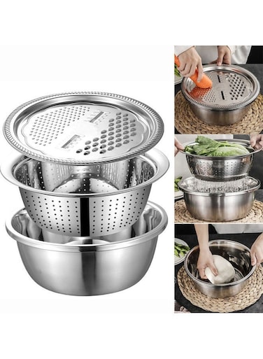 3 In 1 Multifunctional Basin Bowl Set With Grater Silver