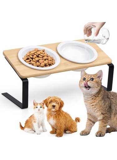 URbazaar Cat Bowl, 15&deg; Tilted Raised Ceramic Cat Food Bowls with Bamboo Stand，Bamboo Stand Solid Water Stand Feeder Set for Cats and Puppy (Double Bowl)