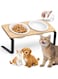 URbazaar Cat Bowl, 15&deg; Tilted Raised Ceramic Cat Food Bowls with Bamboo Stand，Bamboo Stand Solid Water Stand Feeder Set for Cats and Puppy (Double Bowl)