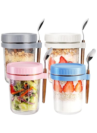 BIGTHREE Overnight Oats Jars, 4 Pack Overnight Oats Container with Lid and Spoon, 10 oz Cereal, Milk, Vegetable, and Fruit Salad Storage Container with Measurement Marks
