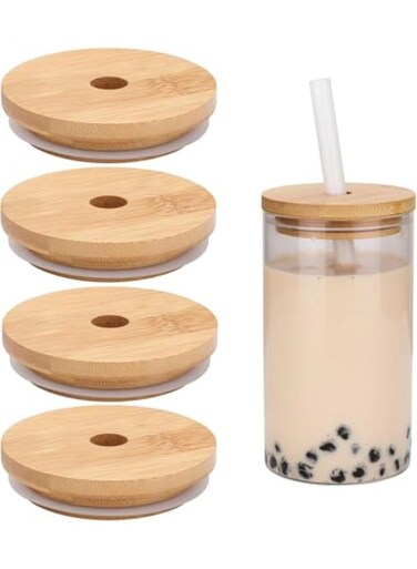 4 Pack Reusable Bamboo Lids for Ball/Kerr Mason Jars Wide Mouth Mason Jar Lids with Straw Hole Drinking Cup Lids (Jars and straw not included)