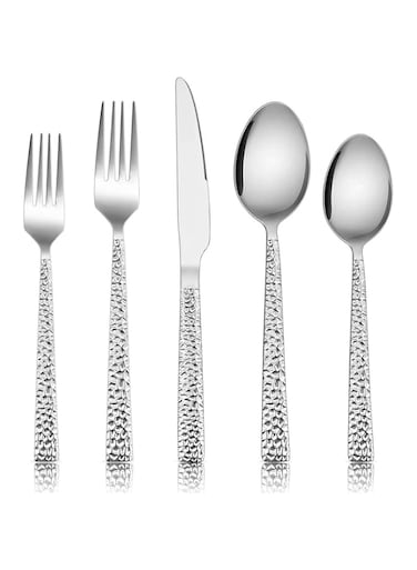 E-far 20-Piece Hammered Silverware Set, Stainless Steel Square Flatware Set Service for 4, Tableware Cutlery Set Includes Forks Spoons Knives, Modern Design &amp; Mirror Finish - Dishwasher Safe