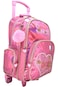 Kids 18" shiny trolley &amp; backpack set with insulated lunch bag, pencil case, pink heart design.