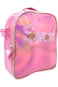 Kids 18" shiny trolley &amp; backpack set with insulated lunch bag, pencil case, pink heart design.