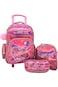 Kids 18" shiny trolley &amp; backpack set with insulated lunch bag, pencil case, pink heart design.