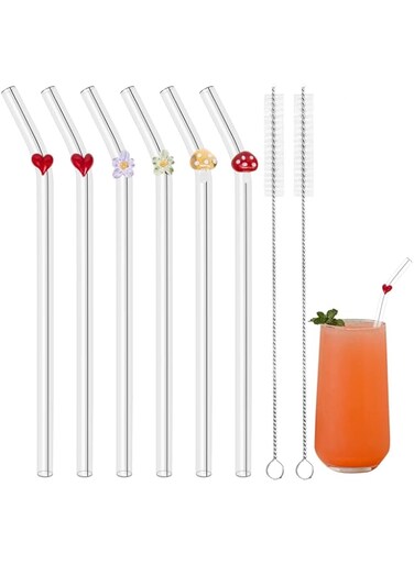 Musiwanna Glass Straws for Drinking, Reusable with Multiple Designs Set Includes Hearts&amp;Flowers&amp;Mushrooms 6Pcs Clear Straw and 2Pcs Cleaning Brush, Smoothie Coffee Tea, (49-1)