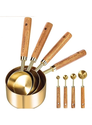 8 Piece Measuring Cups And Spoons Set,Stainless Steel Measuring Cups Spoons With Metric/Us Measurements Wood Handle,Kitchen Baking Tools,Strong Corrosion Resistant Metal Cups