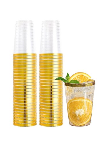 TOMVAES 50 Pack Plastic Cups,Gold Rimmed Disposable Cups,Reusable Clear Party Cups Tumblers,Wine Glasses for Celebrations, Weddings, Picnics, Parties, Camping, Birthdays
