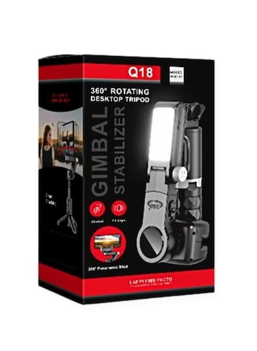 Q18 3-in-1 Desktop Gimbal Stabilizer &ndash; Selfie Stick Tripod with Built-in Fill Light, 360&deg; Rotation, Anti-Shake Stabilization, and Bluetooth Remote &ndash; Black