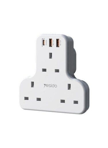 Yesido MC15 Power Extension with 4 UK Outlets &ndash; 3250W Smart AC Multi-Socket Splitter, USB-C PD &amp; QC Fast Charging Ports, Overload Protection, White