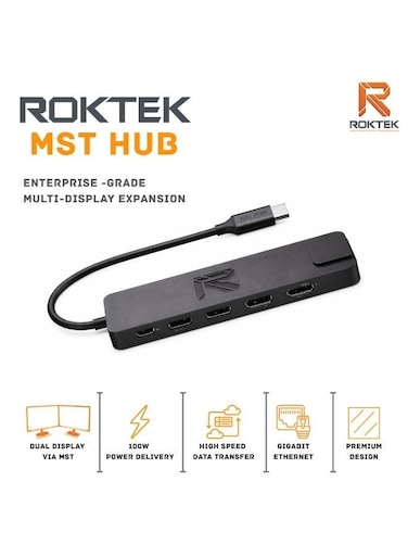 محول ROKTEK AXIS MST 8 في 1 USB-C – دعم شاشات متعددة، HDMI، USB 3.0، شحن PD