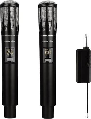 Green Lion Wireless Dual Cordless Dynamic Microphones with 800mAh Battery Capacity, Rechargeable Lithium Battery, Type-C Charging Port, 2-5 Hours Working Time, LCD Display, Plug &amp; Play - Black
