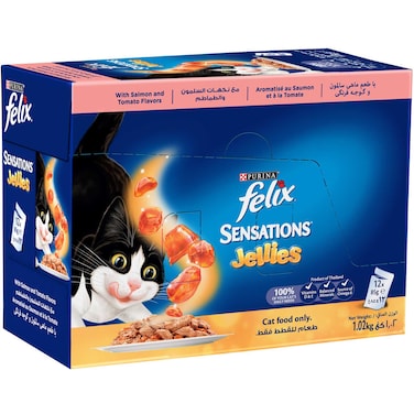 Purina Felix Sensations Jellies with Salmon and Tomato Flavours Cat Food, 85g Pack of 12
