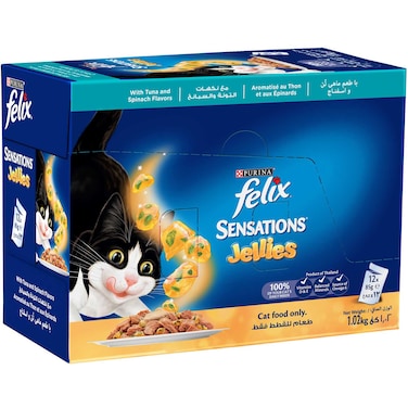 Purina Felix Sensations Jellies with Tuna and Spinach Flavours Cat Food, 85g Pack of 12